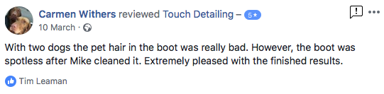Carmen Withers - "With two dogs the pet hair in the boot was really bad. However, the boot was spotless after Mike cleaned it. Extremely pleased with the finished results."